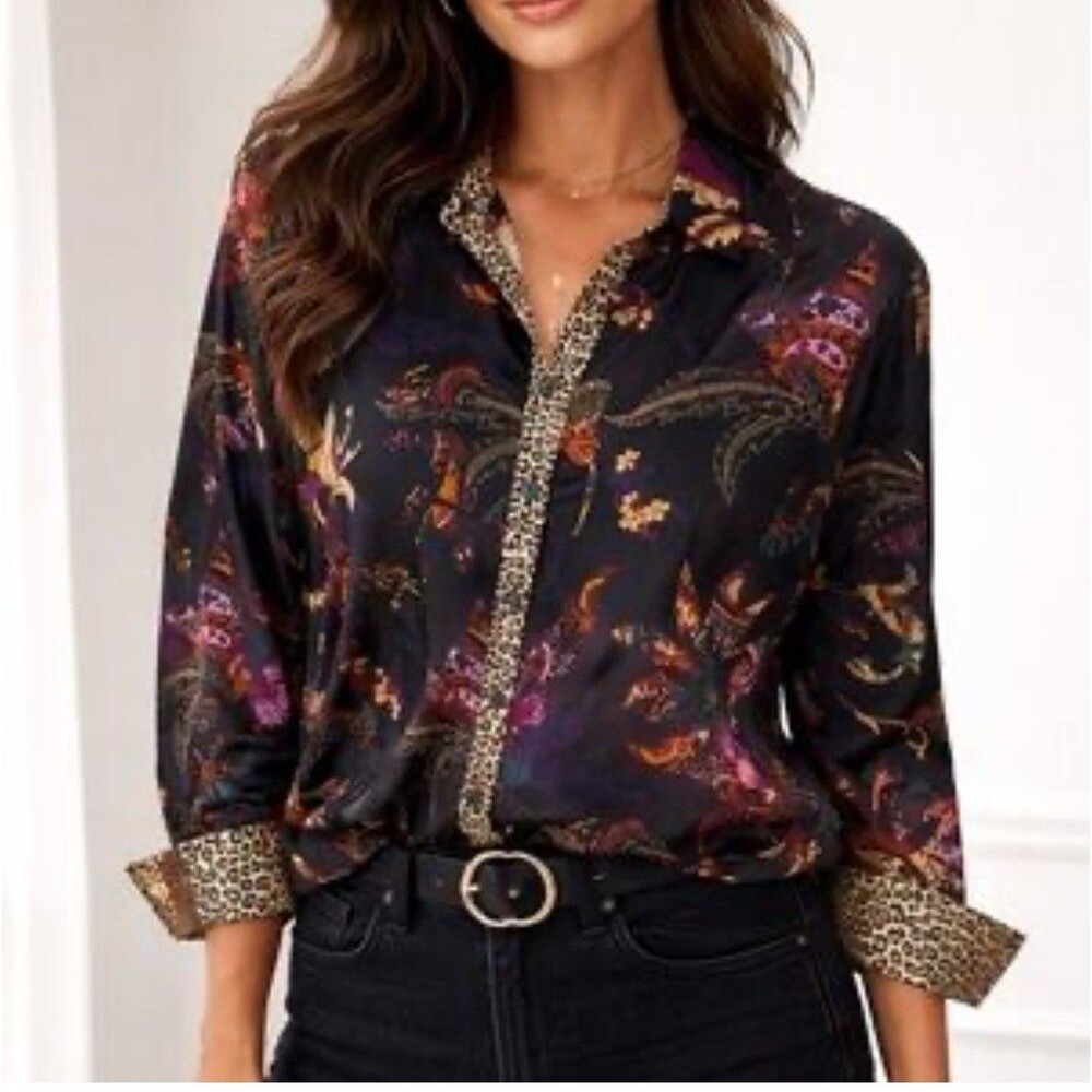 Printed Satin Button-Up Blouse - Black Multi